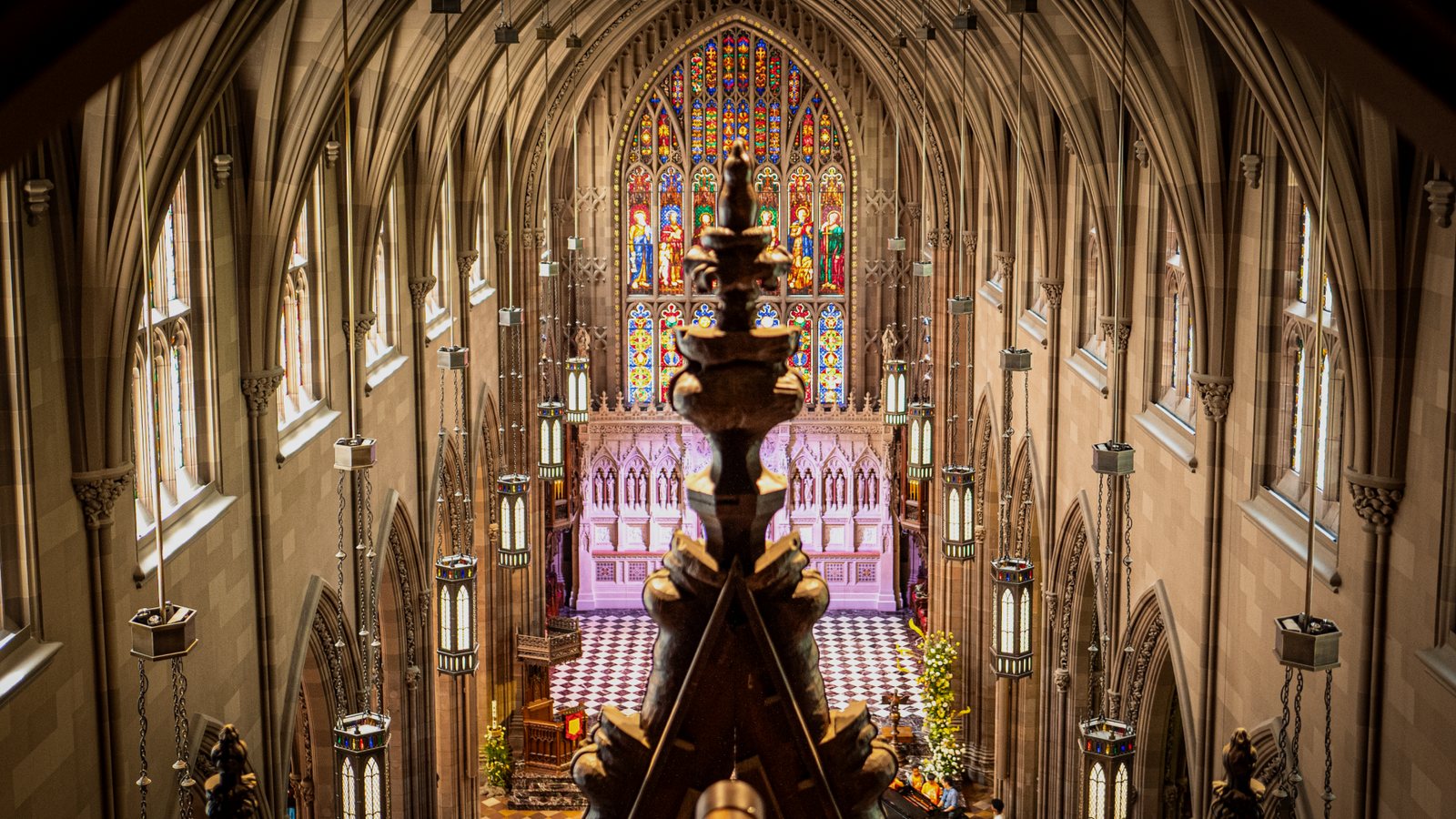 The nave of Trinity Church seen from the organ gallery, with the great east window beyond
